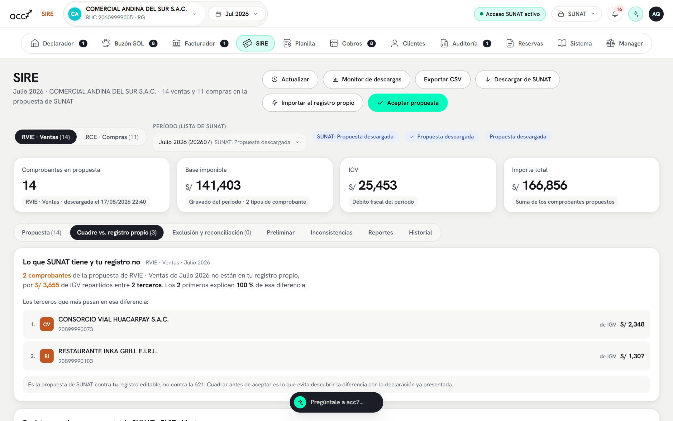 Pestaña Cuadre vs. registro propio del módulo SIRE, con la comparación entre los comprobantes de la propuesta de SUNAT y los del registro propio de la empresa.