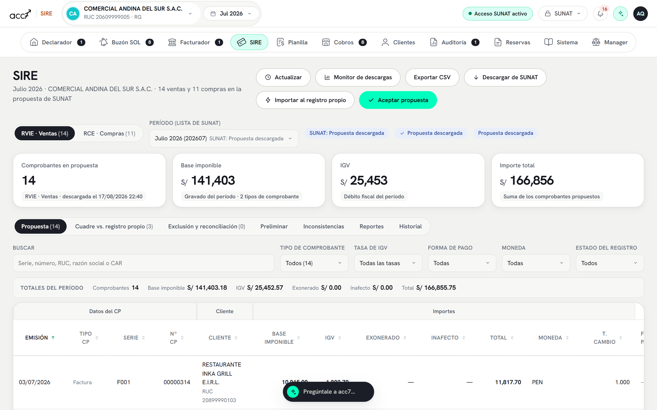 Módulo SIRE de acc7 con las pestañas RVIE Ventas y RCE Compras, cuatro KPI (comprobantes en propuesta, base imponible, IGV e importe total), un aviso ámbar sobre comprobantes excluidos congelados, y la tabla de la propuesta con una fila por comprobante.