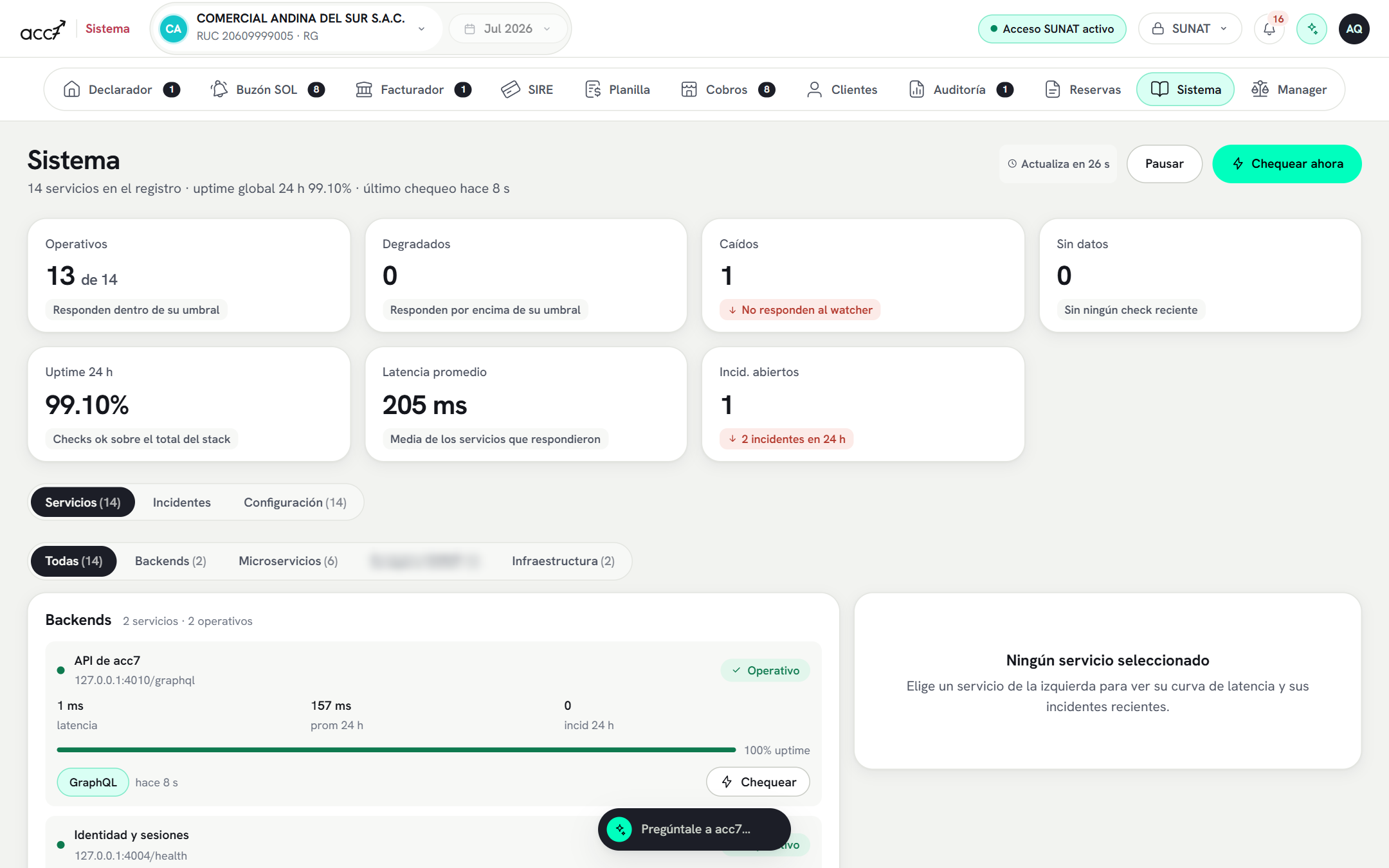 Módulo Sistema con el uptime global de 24 horas y el último chequeo, cuatro KPI (operativos, degradados, caídos y latencia promedio), pestañas Servicios, Incidentes y Configuración, y el registro agrupado por categoría con el estado y la latencia de cada servicio.