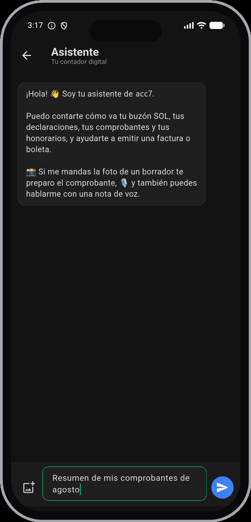 El Asistente dentro de la app, respondiendo por el buzón SOL y ofreciendo notas de voz