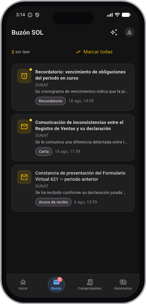 El Buzón SOL en la app, con las notificaciones de SUNAT rotuladas por tipo