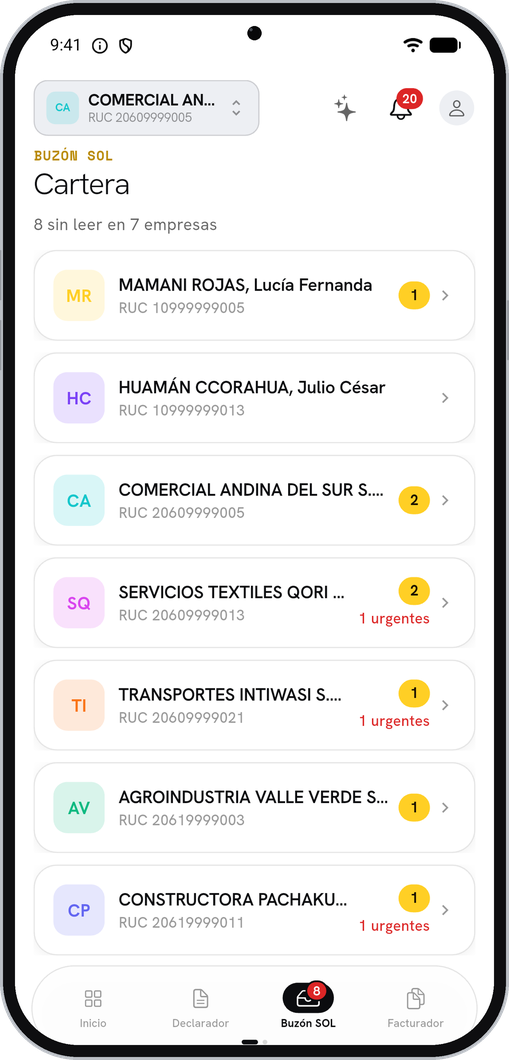 Buzón SOL en la app — mensajes de toda la cartera
