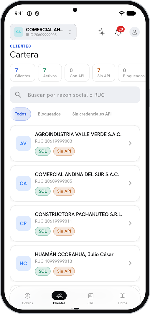 Clientes en la app — cartera de RUC del estudio