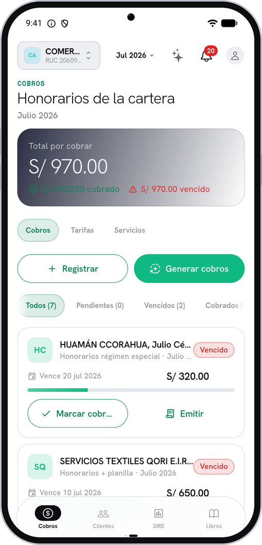 Cobros en la app — honorarios de la cartera