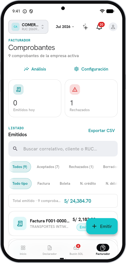 Facturador en la app — comprobantes emitidos