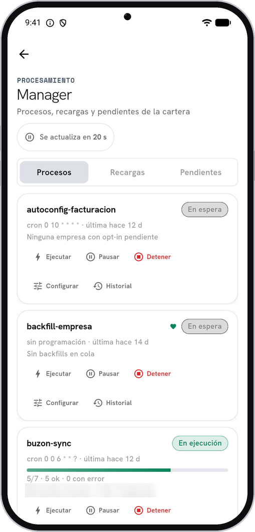 Manager en la app — procesos y recargas de la cartera