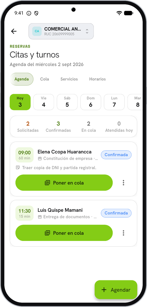 Reservas en la app — citas y turnos del día
