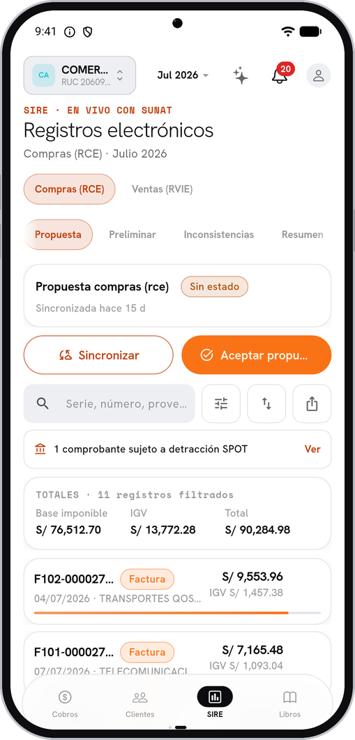 SIRE en la app — propuesta de compras del período