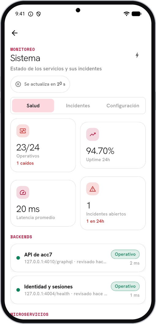 Sistema en la app — estado de los servicios